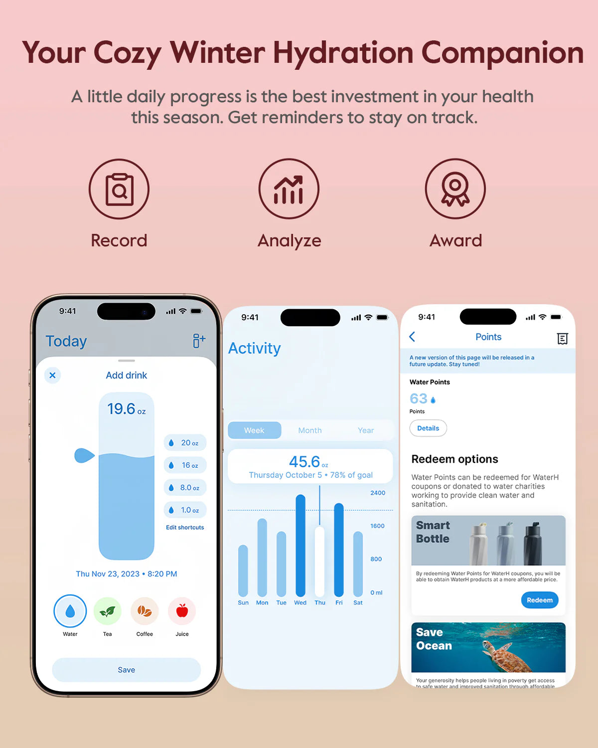 Waterh Boost Smart Water Bottle: 32 Oz Hydration Tracker with APP & Insulation